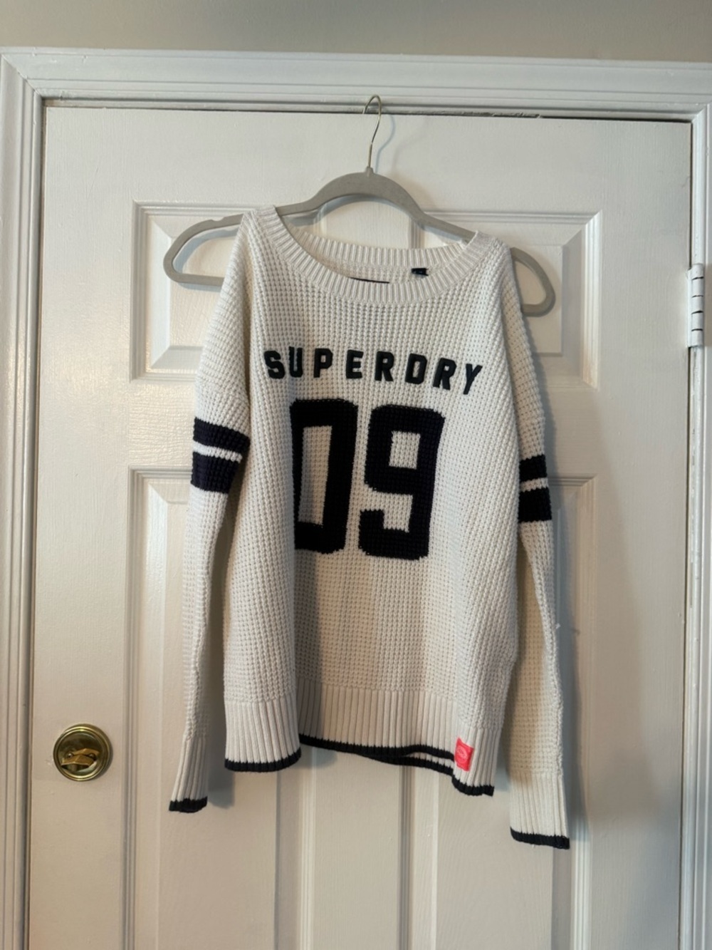 Superdry Cream Waffle Knit Sweater with Navy Red Logo Patch